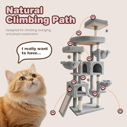 SHA CERLIN 82 inch Cat Tree Tower, Multi-Level Cat Condo with Plush Perches, Sisal Scratching Posts, Hammock and Toys, Stable Cat Tower for Kittens and Adult Cats, Grey
