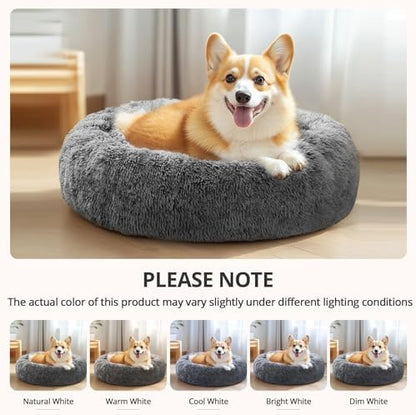 JOLLYVOGUE Calming Dog Beds Large Sized Dog, 36in Donut Washable Large Pet Bed, Anti-Slip & Anti-Anxiety Fluffy Faux Fur Round Dogs Bed, Fits up to 80 lbs Pets (Smoke Black)