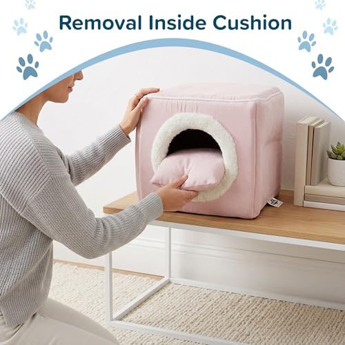 Cat House - Indoor Bed with Removable Foam Cushion - Cat Cave for Puppies, Rabbits, Guinea Pigs, Hedgehogs, and Other Small Animals by PETMAKER (Pink)