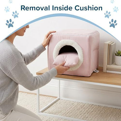 Cat House - Indoor Bed with Removable Foam Cushion - Cat Cave for Puppies, Rabbits, Guinea Pigs, Hedgehogs, and Other Small Animals by PETMAKER (Pink)
