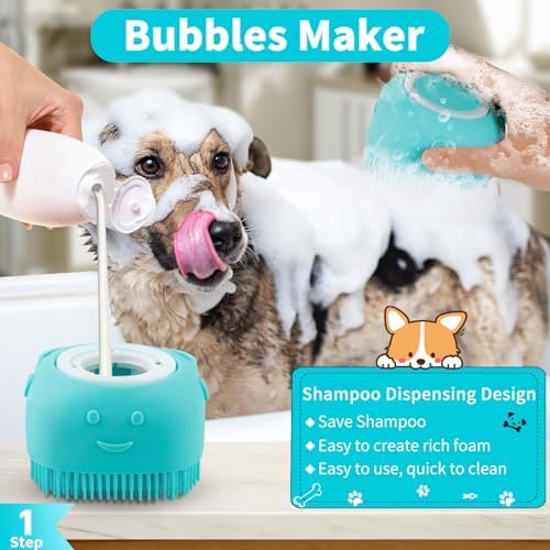 Comotech 3-in-1 Dog Grooming Brush | Adjustable Handle Shampoo Brush & Scrubber for Short & Long Haired Dogs & Cats (Blue Pink Blue)