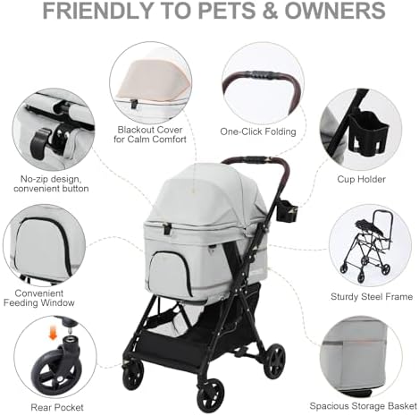 Dog Stroller with No-Zip Buckle Canopy, fits 2 Small Cats or 1 Medium pet,44 lbs Capacity One-Hand Fold,Lockable Front Wheels, Rear Brake