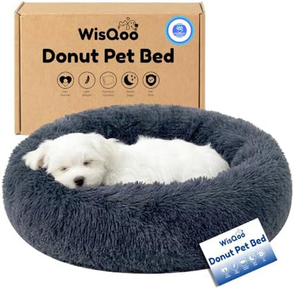 Calming Donut Dog Bed – Faux Fur Anti-Anxiety Pet Bed with Removable Washable Cover & Water-Resistant Liner – Plush Fluffy Round Nest, Non-Slip Bottom for Dogs & Cats - Dark Grey, Small