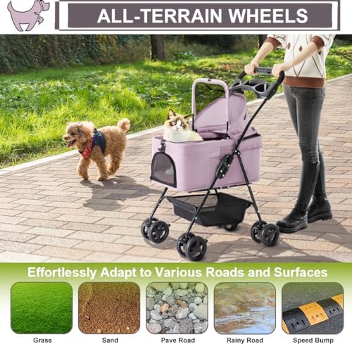 Pet Stroller with Detachable Carrier for Small Dogs & Cats, Pink
