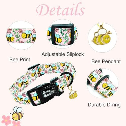 Dog Collar, Cute Bee Adjustable Pet Collars Spring Soft Comfortable Cotton Puppy Collar Pink Flower Necklace Gift Collars for Medium Dogs