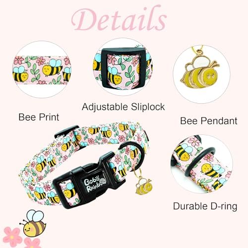 Dog Collar, Cute Bee Adjustable Pet Collars Spring Soft Comfortable Cotton Puppy Collar Pink Flower Necklace Gift Collars for X-Small Dogs