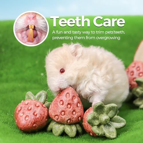 TEEWY Guinea Pig Toys, 4PCS Strawberry Shaped Hamster Toys, Natural Guinea Pig Chew Toys for Teeth Grinding, Hamster Enrichment Toys for Hamster, Gerbil, Chinchilla, Rat