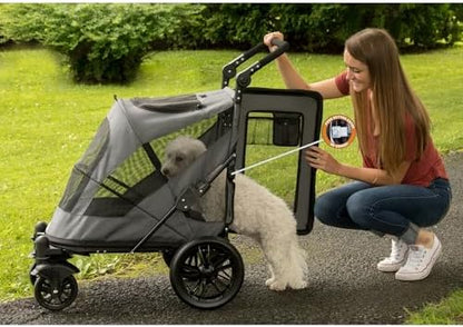 Pet Gear NO-Zip Pet Stroller with Dual Entry, Push Button Zipperless Entry for Single or Multiple Dogs/Cats, Pet Can Easily Walk in/Out, Gel-Filled Tires, Pebble, Excursion