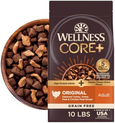Wellness CORE+ Adult Dry Dog Food with Freeze Dried Pieces, Grain Free Kibble+, Natural, High Protein, Turkey and Chicken Recipe, 10 lb Bag