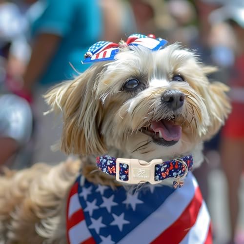 4th of July Dog Collar Navy Patriotic Bow Dog Collars for Medium Dogs - Lightweight Adjustable Independence Day Girl Puppy Collars Cute USA Flag Bow Female Dogs Collar M