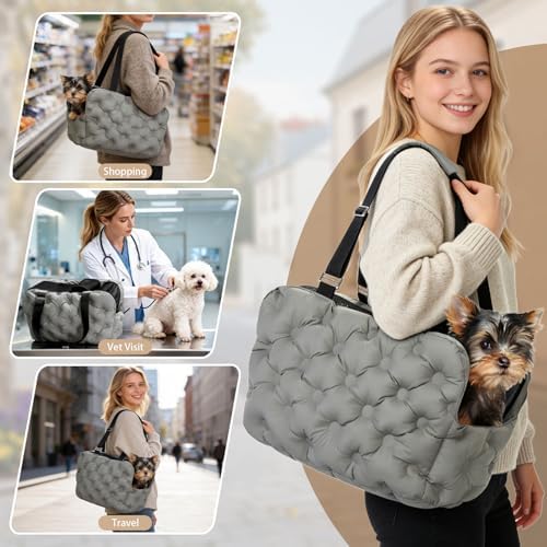 Dog Purse Carrier for Small Dog Cats, Soft Quilted Puppy Carrier Soft-Sided Carriers Bag, Luxury Stylish Small Dog Cat Travel Tote for Pets Up to 11 lbs (Grey, 15.7" L x 7.9" W x 7.1" H)