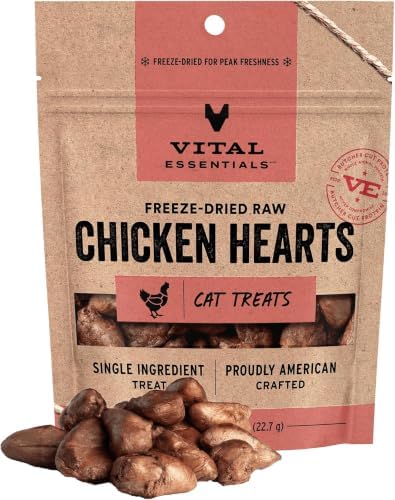 Vital Essentials Cat Treats, Chicken Hearts, Freeze Dried | Single Ingredient | 0.8 OZ | Pack of 6