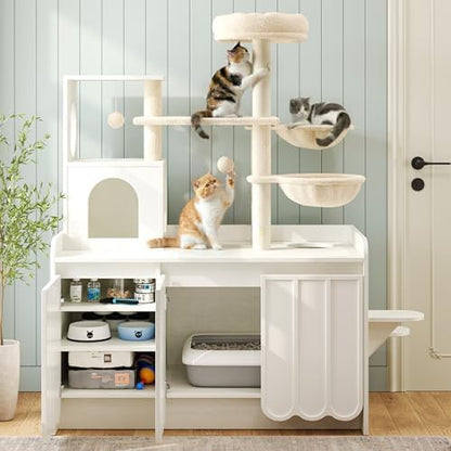 Cat Tree with Litter Box Enclosure, 50.6" Cat Tower & Condo, White