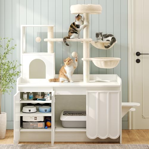 Cat Tree with Litter Box Enclosure, 50.6" Cat Tower & Condo, White