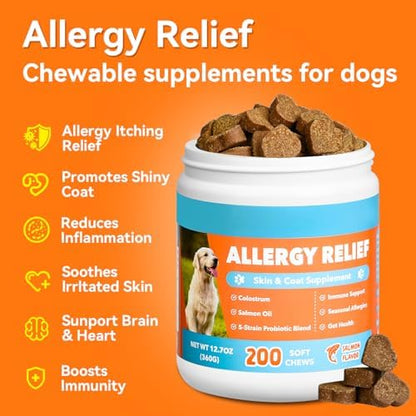 Dog Allergy and Immune Chews 200PCs Skin and Coat Itchy Relief Anti Itch Immune Bites for Dogs, Helps Repair Skin Ears Paw Licking, 5 Probiotics Blend Gut Health for Sensitive Seasonal Allergies