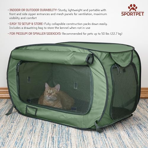 SportPet Designs Soft-Sided Pop-Open Pet Kennel, Medium Portable Travel Crate for Cats & Dogs up to 50 lbs, Foldable Car Kennel with Seatbelt Straps & Washable Waterproof Pad, Green