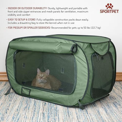 SportPet Designs Soft-Sided Pop-Open Pet Kennel, Medium Portable Travel Crate for Cats & Dogs up to 50 lbs, Foldable Car Kennel with Seatbelt Straps & Washable Waterproof Pad, Green