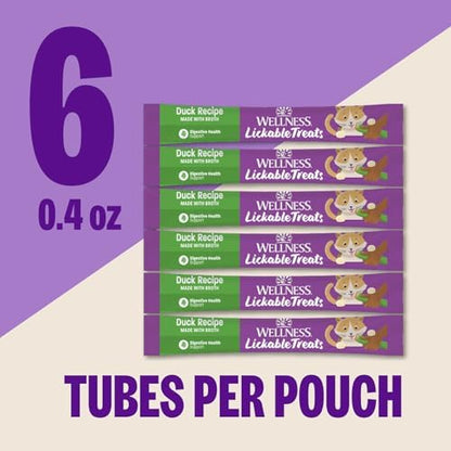 Wellness Lickable Soft Puree Cat Treats, All Lifestages, Kitten to Senior, Natural, Grain Free, Duck Flavor, 0.4 oz, Pack of 6 Tubes