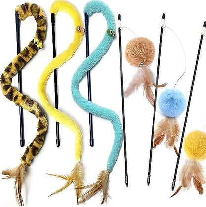 Cat Toys for Indoor Toys,Rainbow Cat Wand Toys,Feather Flips Plush Ball Cat Toys,Interactive Feather Toy for Teaser Play and Chase Exercise with Kitten 6 Pack