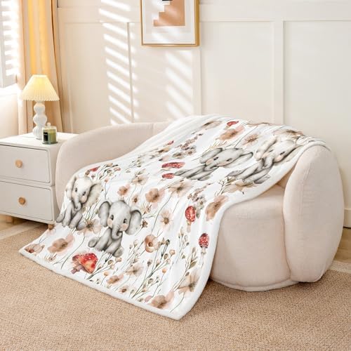Erosebridal Kids Elephant Blanket Throw 50"x60",Mushroom Elephant Blankets and Throws for Girls Boys,Wildlife Animal Print Fleece Blanket Country Style Floral Sherpa Blanket for Bed Couch Decor
