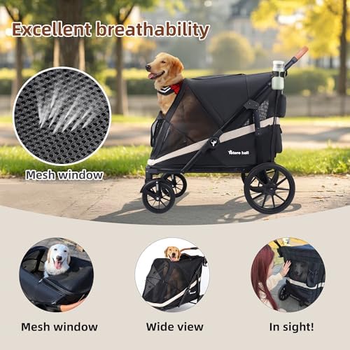 Dog Stroller for Large Dogs One-Click Folding 4 Wheel Foldable Dog Stroller for 2 Dogs with Storage Pocket Suitable for Pets Up to 80LBS (Black, Large)