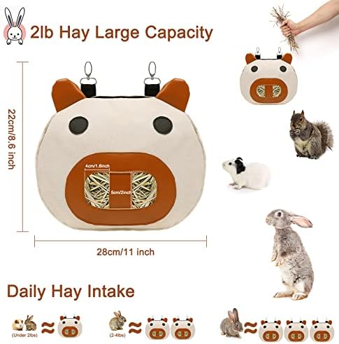 Rabbit Hay Feeder Bag with 2 Hanging Hooks for Small Animal Cage Mess Free