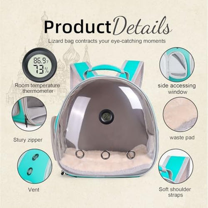 Reptile Travel Backpack Carrier with Reptile Thermometer and Humidity Gauge & Harness Leash Lizard Travel Cage Space Capsule Clear Bubble Window Astronaut Bearded Dragon Bag for Ball Python