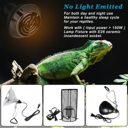 DOMICA 150W 2 Pack Reptile Heat Bulb, Beared Dragon Ceramic Heat Emitter, E26 No Light Night Use Heater Bulbs for Turtle, Lizard, Snake, Amphibians, Pet Brooder Coop Chicken (150W-Large Tank)