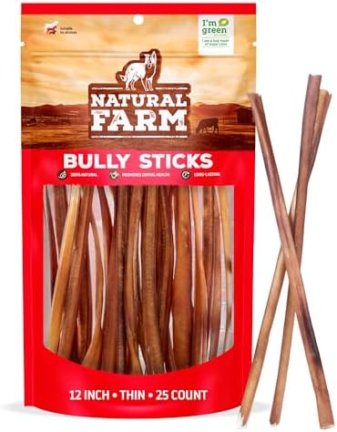 Natural Farm Odor-Free Thin Bully Sticks (12”, 25-Pack) All-Natural Dog Chews, 100% Beef Pizzle, Grass-Fed, Grain-Free, Protein for Muscle Development & Energy, Perfect for Small & Senior Dogs
