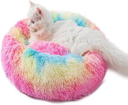 Donut Cat Bed Dog Bed Plush Faux Fur Fluffy Non-Slip Soft Indoor Cozy Supportive Bolster for Puppy and Pet Cat Cushion Rabbit Pillow for 3KG
