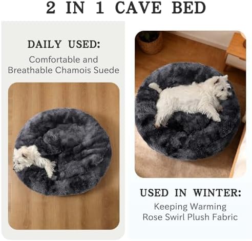 NOYAL Calming Donut Dog Bed, Hooded Cave with Blanket