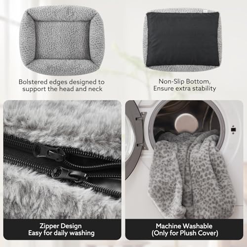 JOEJOY Large Dog Beds Large Sized Dog, Removable Washable Cover Orthopedic Soft Faux Rabbit Fur Pet Bed, Anti-Slip Fluffy Plush Faux Rabbit Fur Puppy Bed, 36"x27"x8", Leopard Print, Grey