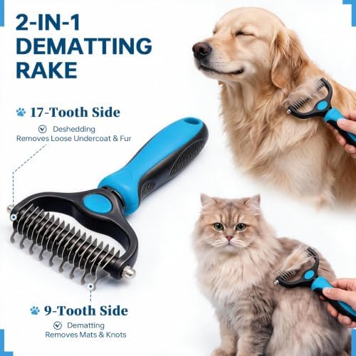 Pet Grooming Comb, Deshedding Dog Brush & Undercoat Rake, Blue