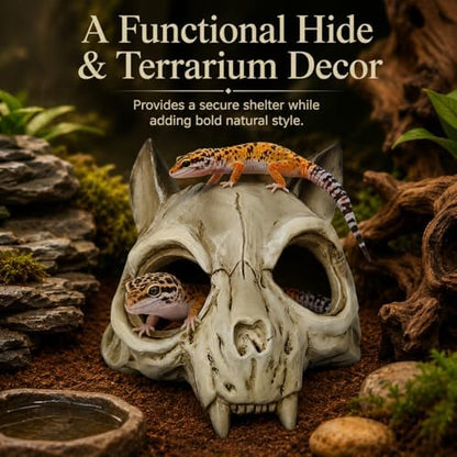 Reptile Hide Cave, Fox Skull Design, Resin Hideout for Leopard Gecko, Snake & Lizard, Multi-Entry Terrarium Shelter,5.31“ × 5.83” × 6.1"(Fox Skull)