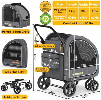 PAWZIDEA 3-in-1 Large Dog Stroller with Detachable Carrier, 45% Extra Tall