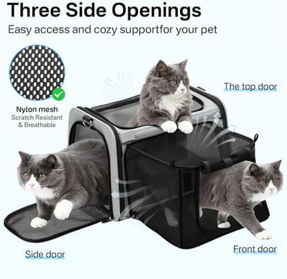 Expandable Cat Carrier, Airline Approved Soft Sided Pet Carrier for Cats & Small Dogs Up to 15 lbs, with Locking Safety Zippers & Cozy Fleece Pad, Portable for Car & Vet Visits, Black