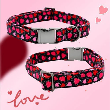 Dog Collar - Valentine's Pet Collar with Flower for Dogs Heart Print Flower Adjustable Puppy Collar Girl Pet Gift Collars for Medium Small Large Dogs