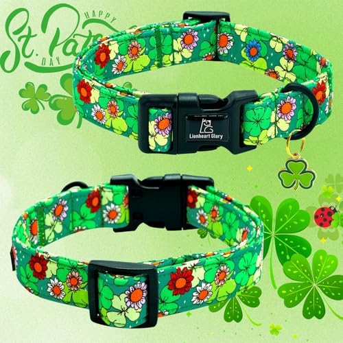 Lionheart glory St. Patrick's Dog Collar-Lucky Clover Shamrock Green Spring Trefoil Dog Collar for Medium Dogs Adjustable Heavy-Duty Dogs Collars Pet Gift Female