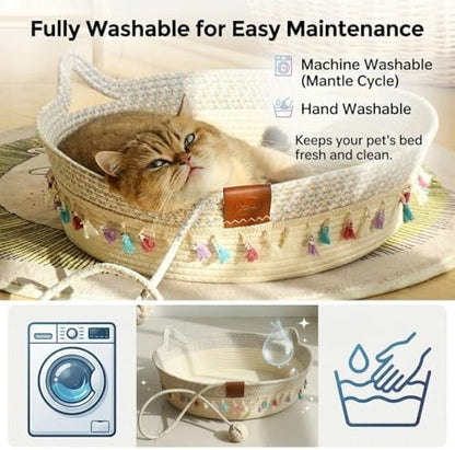 Cat Bed Basket with Soft Cushion & Play Ball - Cotton Rope Cat Beds for Indoor Cats, Kittens & Medium and Large Cat - Durable Handwoven Cat Scratching Bed with Decorative Tassels, All Season Universal