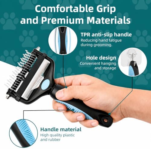 3-IN-1 Pet Grooming Tool - Undercoat Rake, Dematting Comb & Deshedding Brush for Cats, Dogs, Horses - Removes Mats, Tangles & Loose Fur, Reduces Shedding & Prevents Hair Mess (Blue)