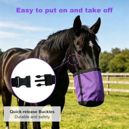 Horse Feed Bags for Grain, Breathable Muzzle Feed Bags for Horses, Universal Mesh Feedbag for Feeding Grain, Anti-Spill Design Feeder, Durable Nose Bag with Solid Bottom (Purple)