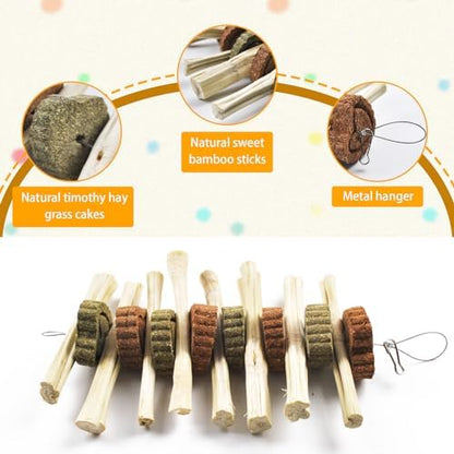 kathson 4 Pcs Bunny Chew Toys for Teeth,Rabbit Hanging Chew Toy Grinding Natural Sweet Bamboo Sticks with Timothy Hay Grass and Carrot Cake for Improve Rodent Small Animals Dental Health