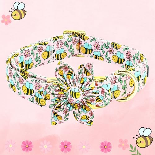 Dog Collar with Flower-Cute Bee Adjustable Pet Collar Soft Pink Flower Spring Cotton Puppy Collar Metal Buckle for Small Dogs