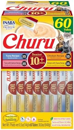 INABA Churu Senior Lickable Cat Treats, Tuna Chicken Variety, 60ct