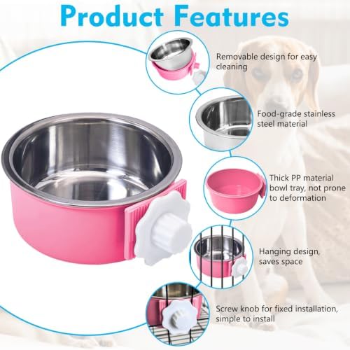 kathson Crate Dog Bowl, Removable Stainless Steel Hanging Pet Cage Bowl Food & Water Feeder Coop Cup for Cat, Puppy, Birds, Rats, Guinea Pigs (3 PCS, Size: M, Blue, Green, Pink)