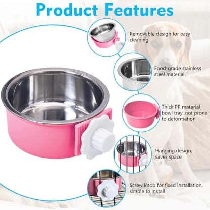 kathson Crate Dog Bowl, Removable Stainless Steel Hanging Pet Cage Bowl Food & Water Feeder Coop Cup for Cat, Puppy, Birds, Rats, Guinea Pigs (3 PCS, Size: M, Blue, Green, Pink)