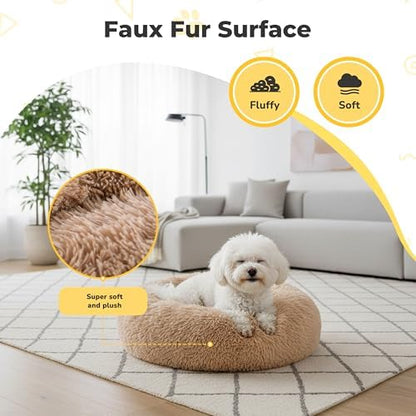 Soft Round Dog & Cat Bed, Anti-Anxiety Donut Cuddler with Anti-Slip Bottom Cozy Fluffy Pet Bed for Medium Large Dogs and Cats, 30inch, Brown