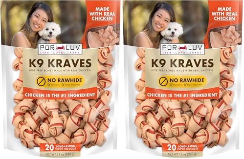 Pur Luv K9 Kraves Rawhide Free Bone Dog Treats, Chicken Flavor, Made with Real Chicken and Limited Ingredients, Healthy, Easily Digestible, Long Lasting, and High Protein Dog Treat, 20 Count