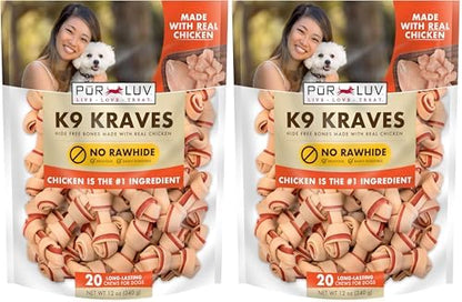 Pur Luv K9 Kraves Rawhide Free Bone Dog Treats, Chicken Flavor, Made with Real Chicken and Limited Ingredients, Healthy, Easily Digestible, Long Lasting, and High Protein Dog Treat, 20 Count