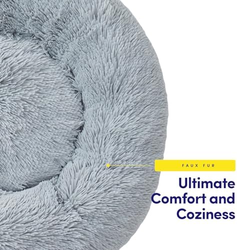 Dog & Cat Bed: Round Faux Fur Pet Bed - Plush, Cozy, & Calming Donut Bed for Large Pets - Soft & Comfortable Sleeping Cushion for Napping & Lounging, 30" Round, Silver